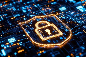 Poster - a digital shield with an icon of a lock, surrounded by binary code, representing data protection and