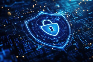 Poster - a digital shield with a padlock icon on a blue binary code background, symbolizing data security and