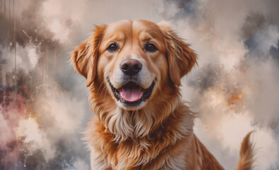 Poster - A golden retriever is smiling and looking at the camera. The image has a warm and friendly mood, with the dog's expression conveying happiness and contentment