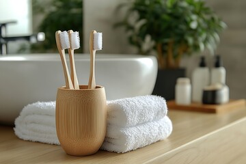 Wall Mural - Dental toothbrushes in holder standing on table in modern bathroom