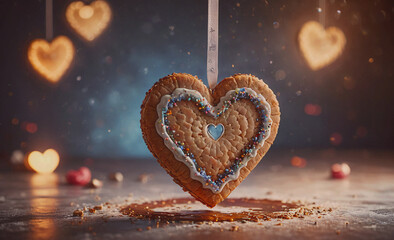 Aufkleber - A heart-shaped cookie hanging from a string. The cookie is decorated with sprinkles and icing