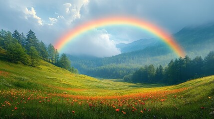 Wall Mural - Beautiful rainbow on top of green forest and mountains