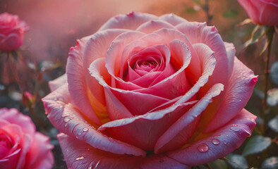 Poster - A rose with dew drops on it. The rose is pink and has a yellow center. The image has a serene and peaceful mood