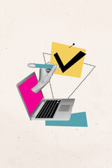 Poster - Cartoon sketch 3d creative photo collage of hand peek laptop screen hold pencil checkmark note approval yes signature on beige background