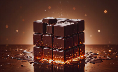 Poster - A chocolate cube with a piece missing. The cube is on a table with a brown background. The missing piece is a symbol of the cube's missing piece, which could represent a lost opportunity or a