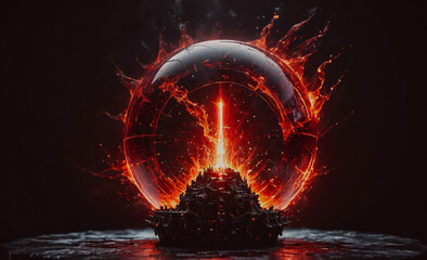 Poster - a glowing red orb with a fire inside of it. the fire is surrounded by a black background