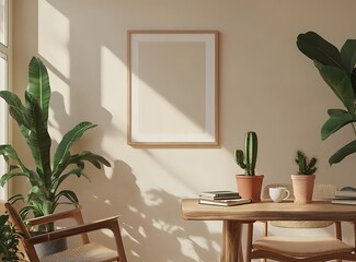 Wall Mural - A light-filled room with beige walls and a wooden table, decorated with plants and cacti in pots