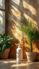 Poster - Serene Indoor Scene with Plants and Natural Light on Warm Wall