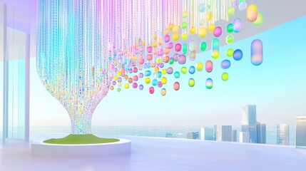 Poster - Innovation management, A vibrant, artistic installation featuring colorful hanging elements that resemble a tree, set against a modern urban backdrop.