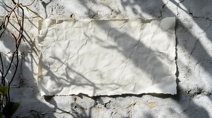 Wall Mural - Textured White Paper Mockup Against Rustic Grey Wall Background with Branch Shadows Natural Light Overlay Design Element Photographic Image aged style