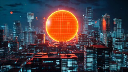 Wall Mural - futuristic cityscape illuminated by a glowing spherical object in a vibrant technological landscape 