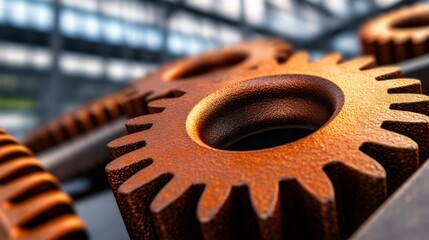 Aufkleber - Close up of interlocking copper gears rotating smoothly in a modern industrial setting