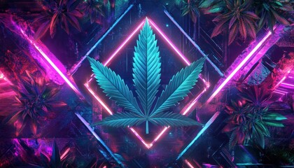 Poster - Neon Marijuana Leaf Amidst a Futuristic Geometric Design with Vibrant Colors