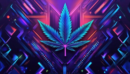 Poster - Neon Cannabis Leaf Amidst Abstract Geometric Shapes with Vibrant Colors