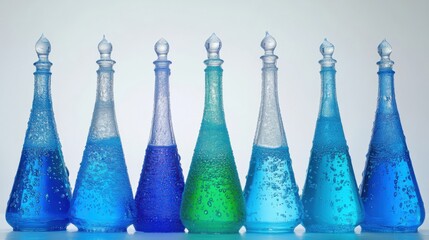 Poster - Colorful glass bottles filled with sparkling liquids arranged in a row against a light background