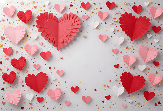 Red, pink and white hearts with golden confetti isolated on transparent background. Vector illustration. Paper cut decorations for Valentine's day design