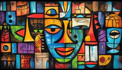 Poster - Vibrant Abstract Face Painting with Geometric Shapes and Bold Colors