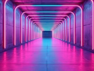 Aufkleber - Illuminated neon corridor urban space digital art futuristic environment wide angle view visual concept