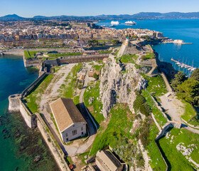 Wall Mural - Drone view of The Old Fortress of Corfu is a Venetian fortress in the city of Corfu. Venetian Old Fortress (Palaio Frourio), Ionian Islands, Greece