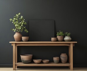 Wall Mural - A minimalist room with a black wall as a backdrop, a blank canvas mockup in focus, a wooden console table below with decor such as pottery and plants, showcasing a modern home office vibe