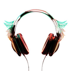 Poster - Glowing winged headphones create a magical, vibrant atmosphere against a dark background, pair headphones with glowing wings on a black background, Transparent background