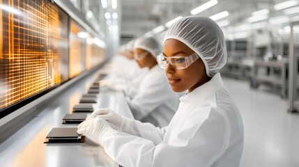 Poster - Scientists working on microchips production line in high tech factory
