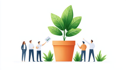 Poster - team collaborates around large potted plant, symbolizing growth