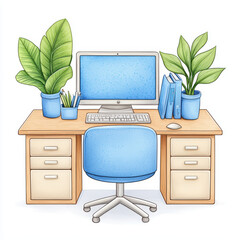 Poster - modern workspace featuring desk, computer, and plants for fresh look
