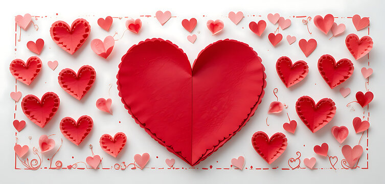 Happy Valentine's Day banner. Holiday background design with big heart made of pink, red and blue Origami Hearts on black fabric background. Horizontal poster, flyer, greeting card, header for website