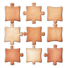 Poster - Wooden puzzle pieces in various shapes and textures arranged neatly