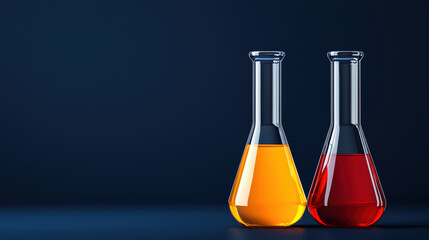 Poster - brightly colored flasks with yellow and red liquids on dark background