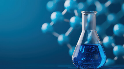 Poster - laboratory flask with blue liquid and molecular structure background
