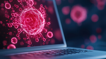 Poster - Digital representation of virus on laptop screen, showcasing technology and health