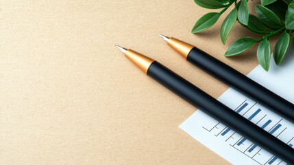 Poster - Black pens with gold tips on brown background with plant