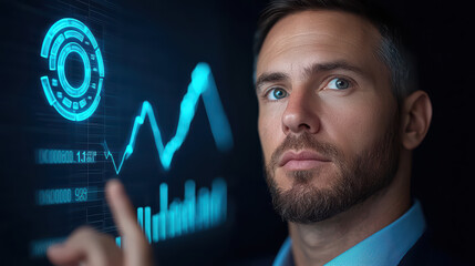 Poster - Innovative leader analyzing data trends with digital interface