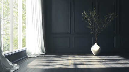 Wall Mural - A modern empty room with dark blue walls and wooden floors, featuring a white curtain to the left and a vase with tree branches near the window