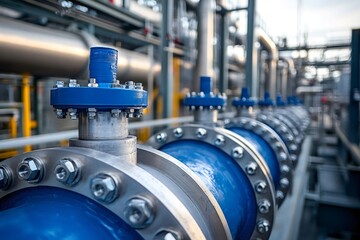 Poster - Close up of blue industrial pipes in a modern facility