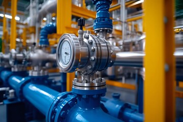 Poster - Industrial Pressure Gauge on Blue Pipeline System