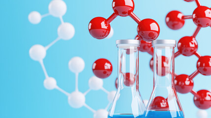 Poster - laboratory flasks with blue liquid and molecular structures in background