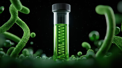 Poster - vibrant green liquid in test tube surrounded by microscopic organisms