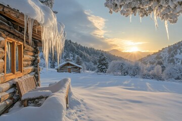 Wall Mural - Winter landscape with snowy wooden mountain cabins and snow covered trees at sunrise