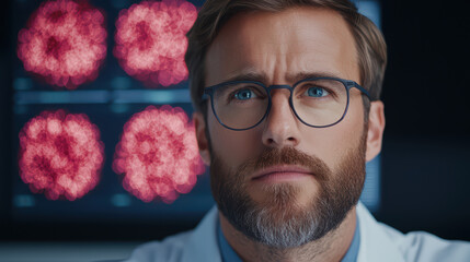 Poster - Focused specialist analyzing data with virus images in background