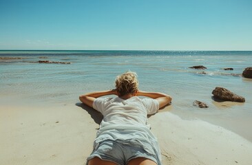 a woman with short blond hair is lying on her stomach on a sandy beach, contemplating the sea. Summer holidays concept