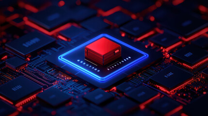 Poster - High tech digital circuit with red microchip on dark background