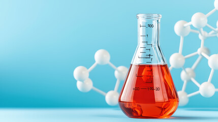 Poster - laboratory flask with orange liquid and molecular structure in background
