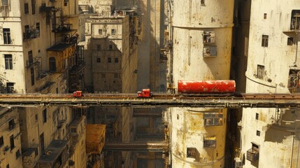 Poster - Red Cargo Train Crossing Futuristic Cityscape