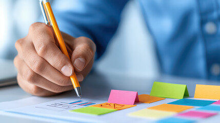 Poster - person writing on document with colorful sticky notes and pen