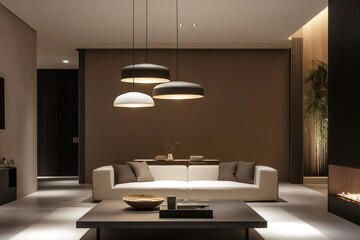 Poster - Modern minimalist living room interior with designer lamps illuminating white sofa and coffee table