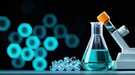 Poster - laboratory setup with glassware and blue liquid, showcasing scientific research