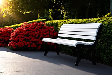 Wall Mural - White bench inviting to sit and relax in a peaceful park at sunset